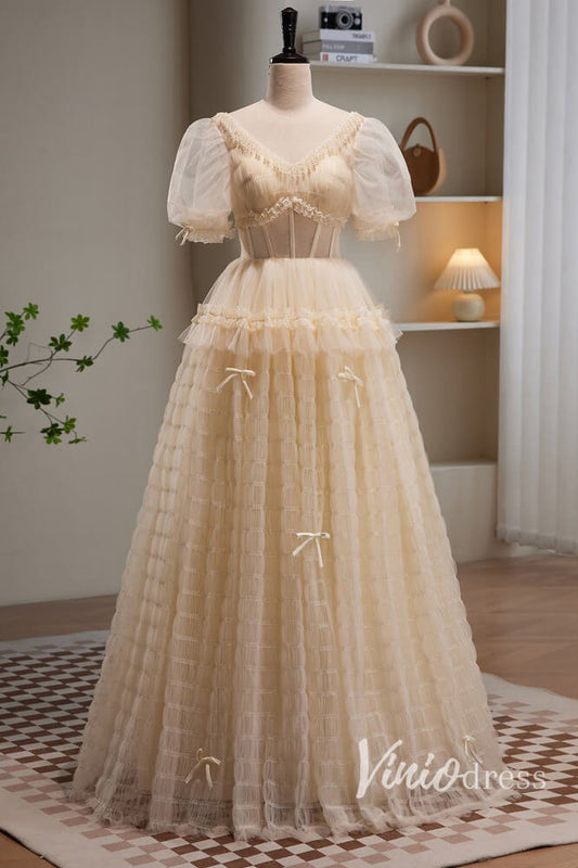 Champagne Pleated Tulle Prom Dresses with Puffed Sleeve AD1045-prom dresses 2025 -Viniodress-Champagne-Custom Size-