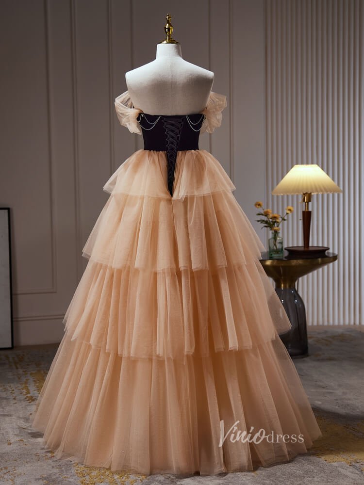 Champagne Ruffle Prom Dresses Off the Shoulder Velvet Bodice Beaded String BJ027L-prom dresses 2025 -Viniodress-Champagne-Custom Size-