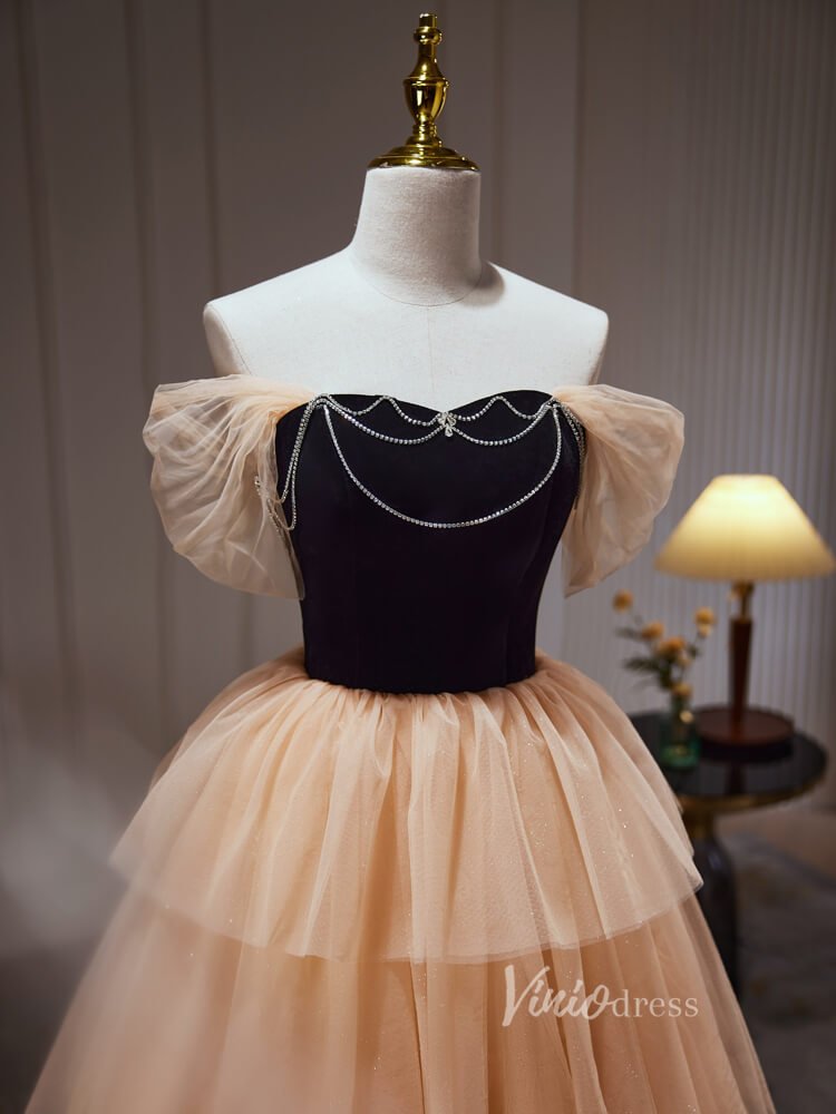 Champagne Ruffle Prom Dresses Off the Shoulder Velvet Bodice Beaded String BJ027L-prom dresses 2025 -Viniodress-Champagne-Custom Size-