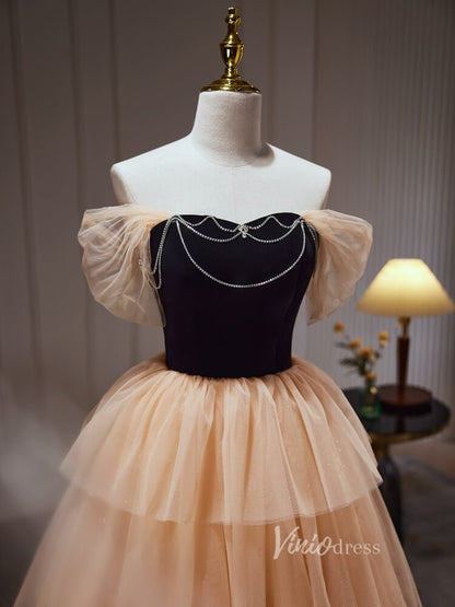 Champagne Ruffle Prom Dresses Off the Shoulder Velvet Bodice Beaded String BJ027L-prom dresses 2025 -Viniodress-Champagne-Custom Size-