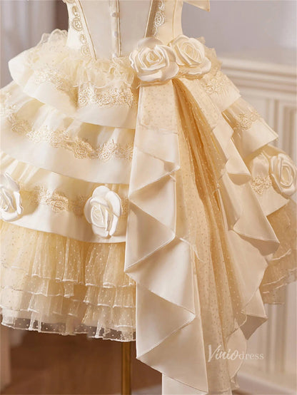 Champagne Ruffled 3D Flower Homecoming Dresses Short Lace Lolita Dress BJ062-prom dresses 2025 -Viniodress-Champagne-Custom Size-