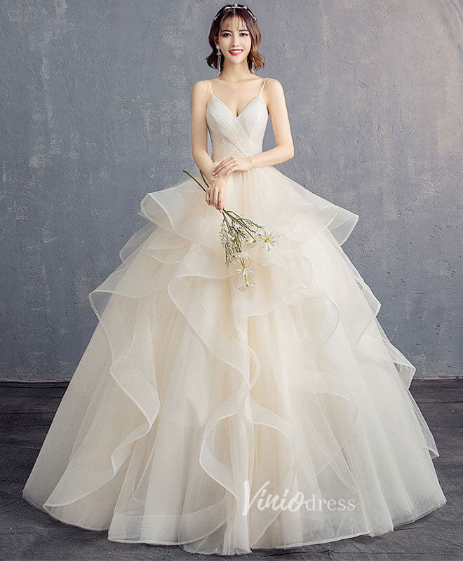 Champagne Ruffled Tiered Prom Dresses Spaghetti Strap Evening Dress FD3155-prom dresses 2025 -Viniodress-Champagne-Custom Size-