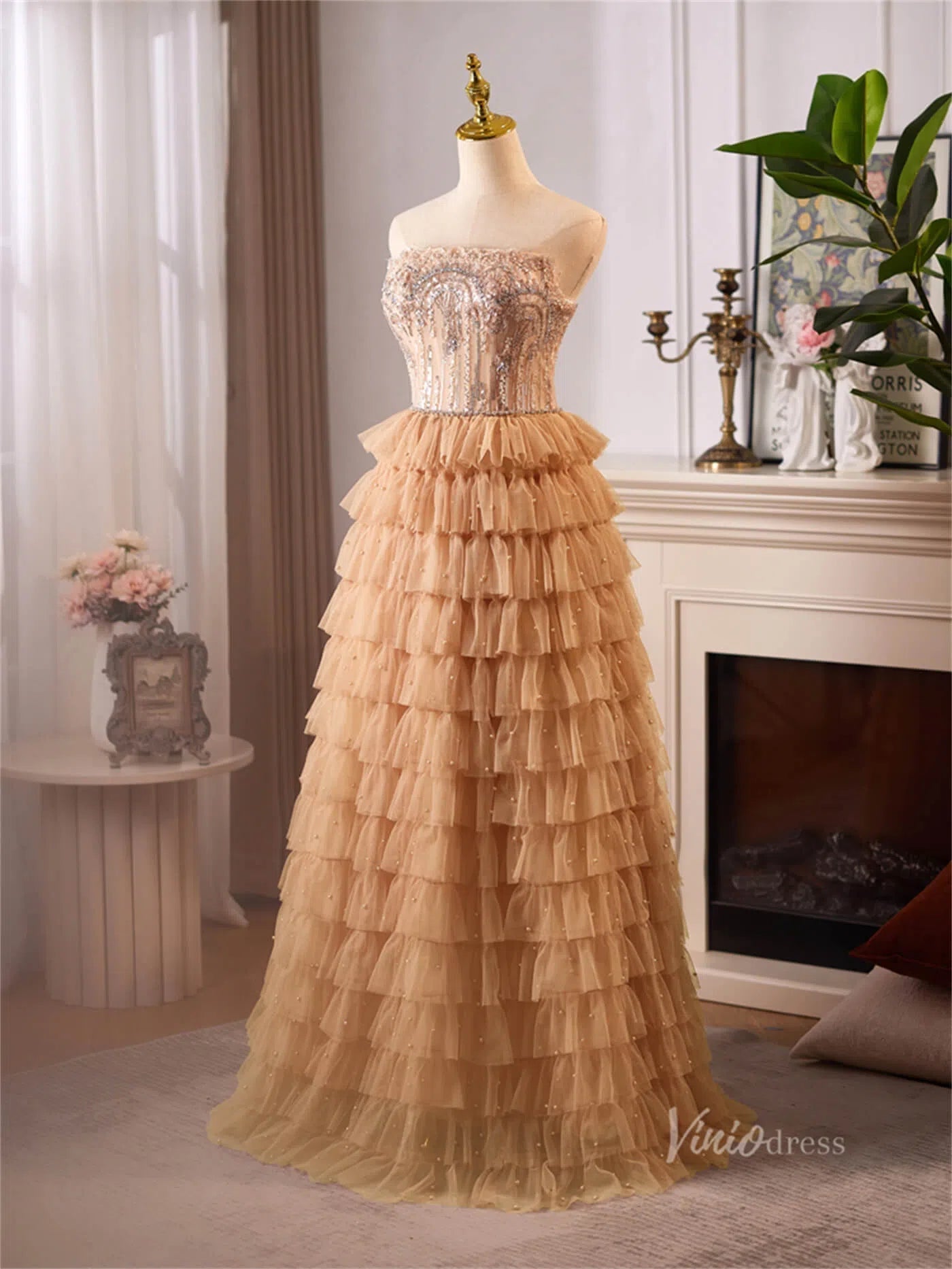 Champagne Ruffled Tiered Strapless Prom Dresses Beaded Lace Formal Dre – Viniodress