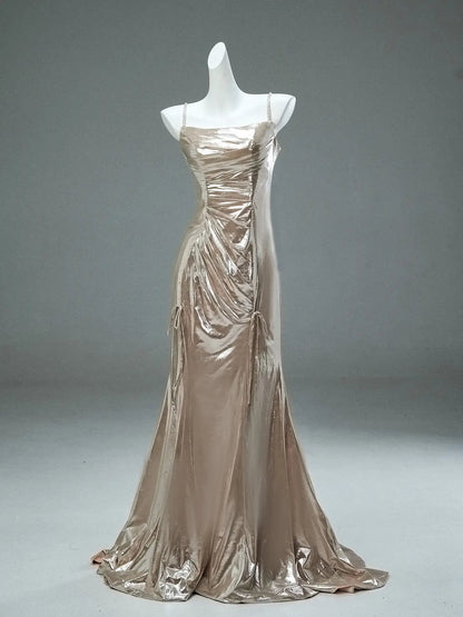 Champagne Satin Sheath Prom Dresses with Removable Feahter Shawl & Spaghetti Straps - CQ0114-Couture Gown 2025 -Viniodress-Champagne-Custom Size-