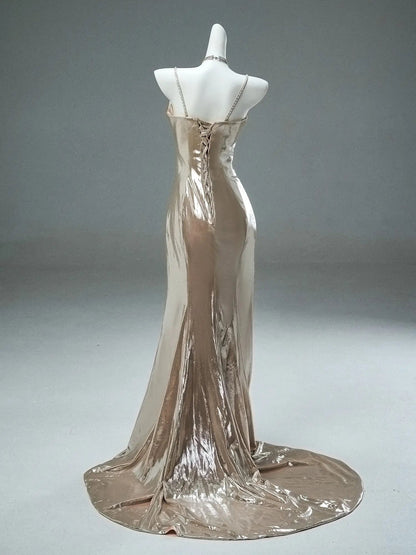 Champagne Satin Sheath Prom Dresses with Removable Feahter Shawl & Spaghetti Straps - CQ0114-Couture Gown 2025 -Viniodress-Champagne-Custom Size-