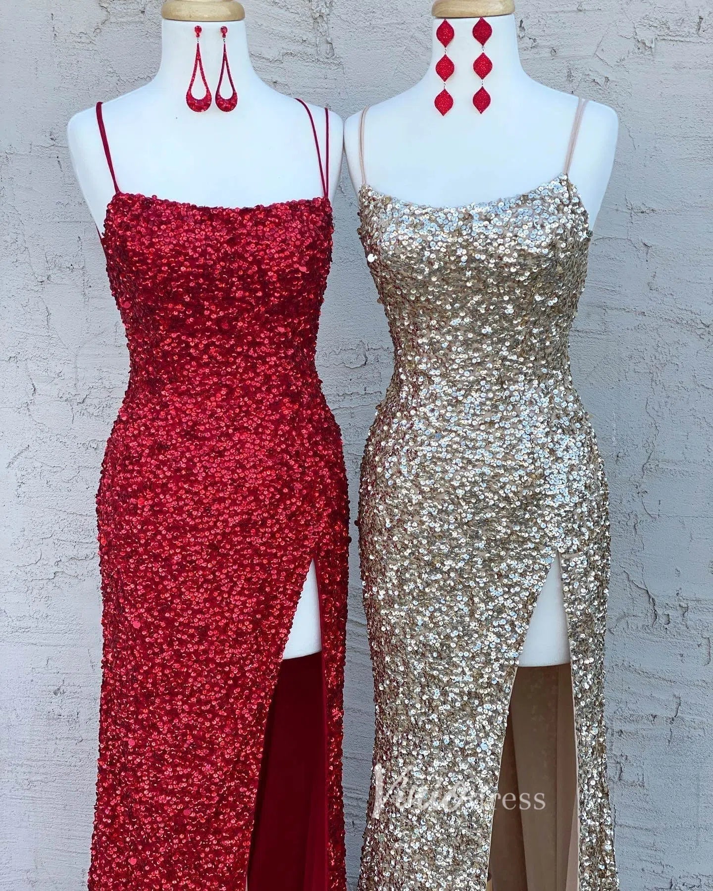 Champagne Sequin Prom Dresses with Slit Mermaid Spaghetti Strap Evening Dress FD3194-prom dresses 2025 -Viniodress-Champagne-Custom Size-