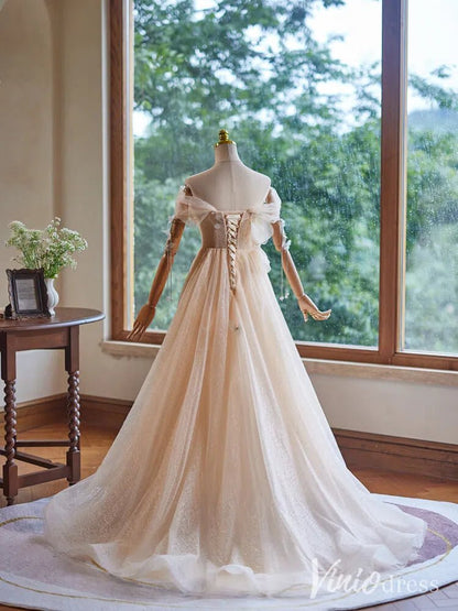 Champagne Sparkly Lace Prom Dresses Off the Shoulder Butterfly Formal Gown BJ057-prom dresses 2025 -Viniodress-Champagne-Custom Size-