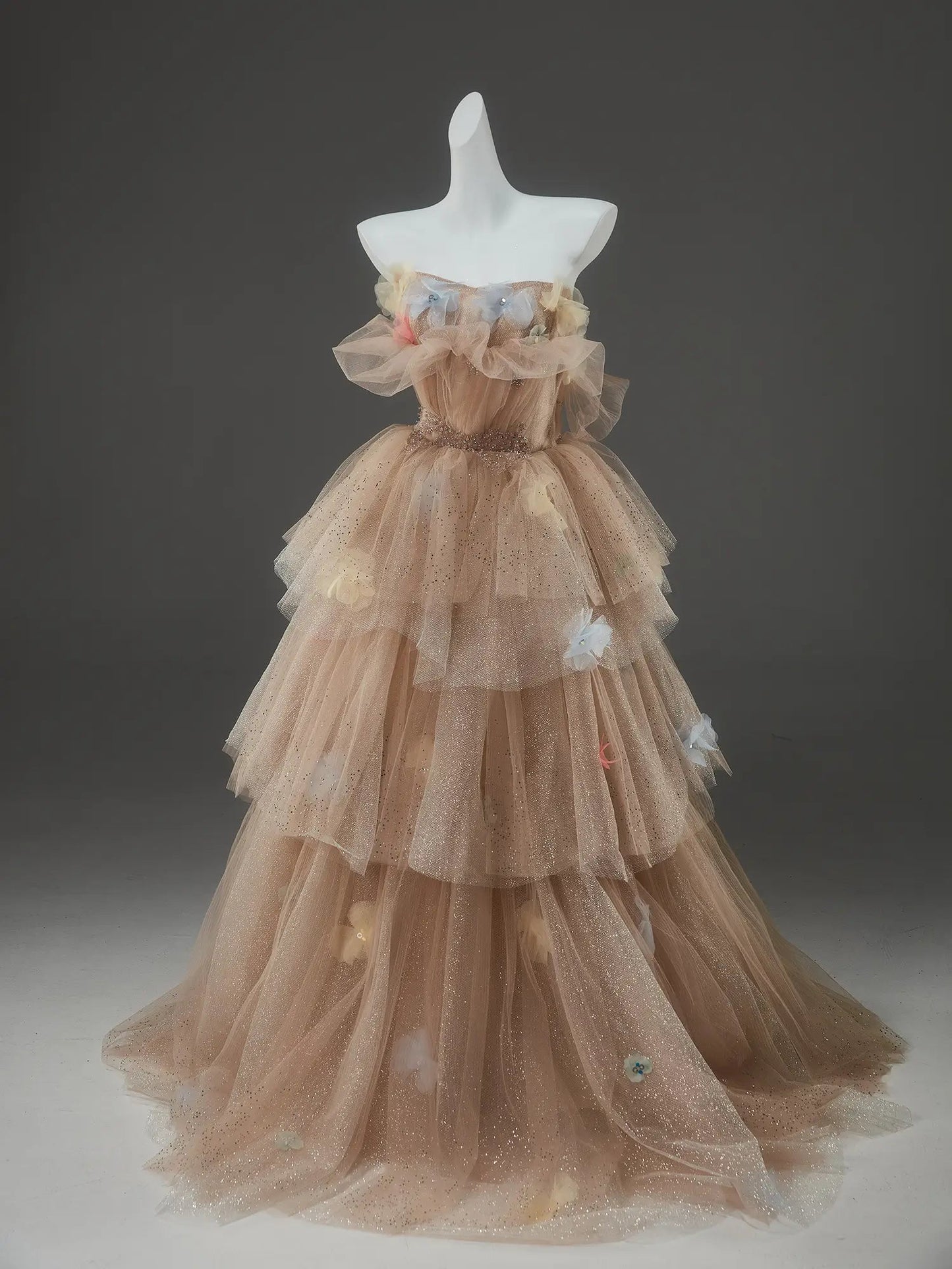 Champagne Sparkly Tulle Formal Gown with 3D Flowers, Rhinestone & Tiered Bottom - CQ0139-Couture Gown 2025 -Viniodress-Champagne-Custom Size-