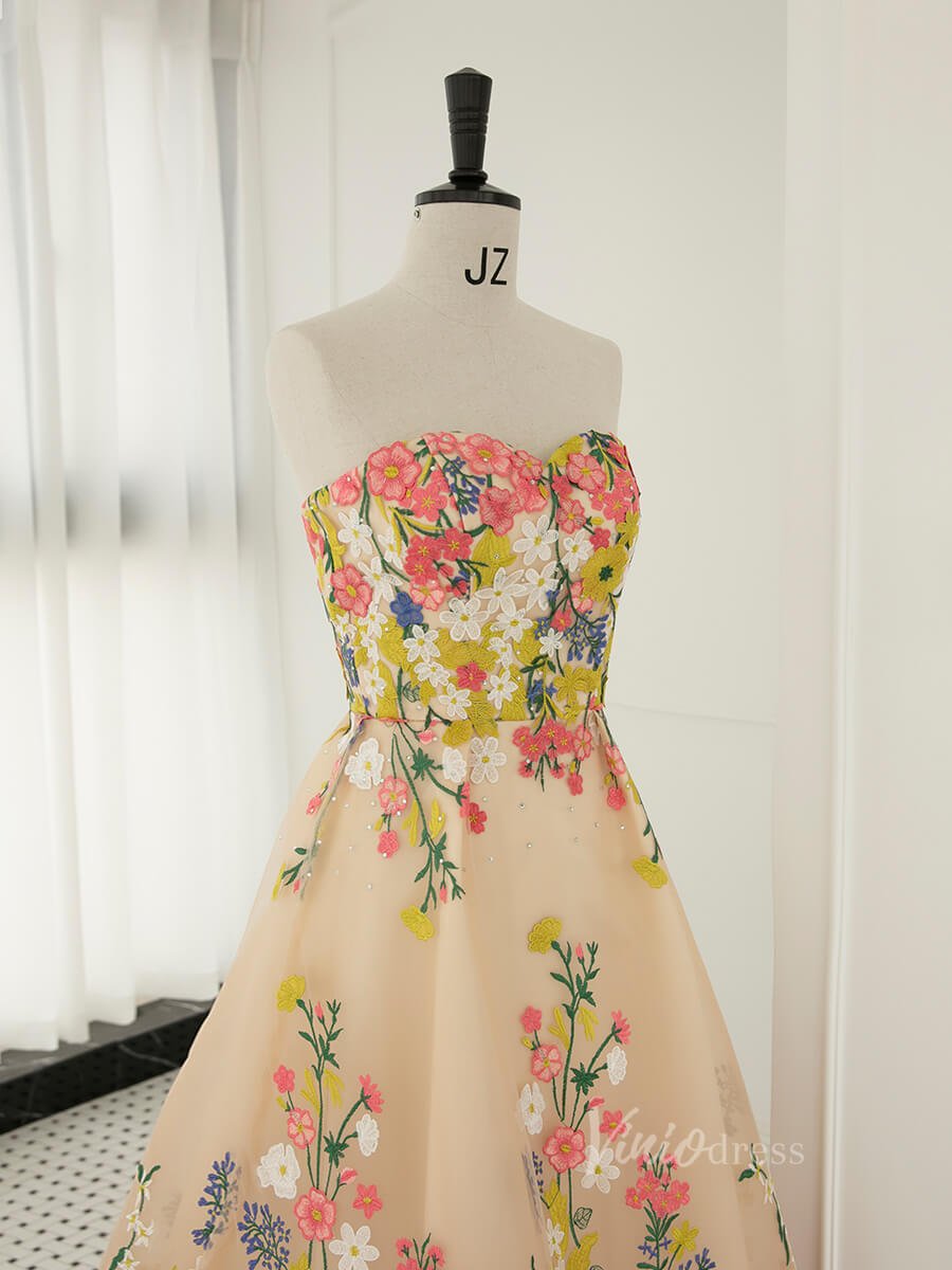 Champagne Tea-Length Floral Embroidered Gown | Strapless Tulle Dress with Pink & Yellow Flowers and Corset Back AD1078-prom dresses 2025 -Viniodress-Champagne-Custom Size-