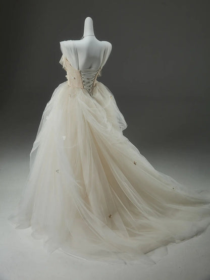 Champagne Tulle Formal Dresses with 3D Flower, Sheer Boned Bodice & Corset Back - CQ0145-Couture Gown 2025 -Viniodress-Champagne-Custom Size-