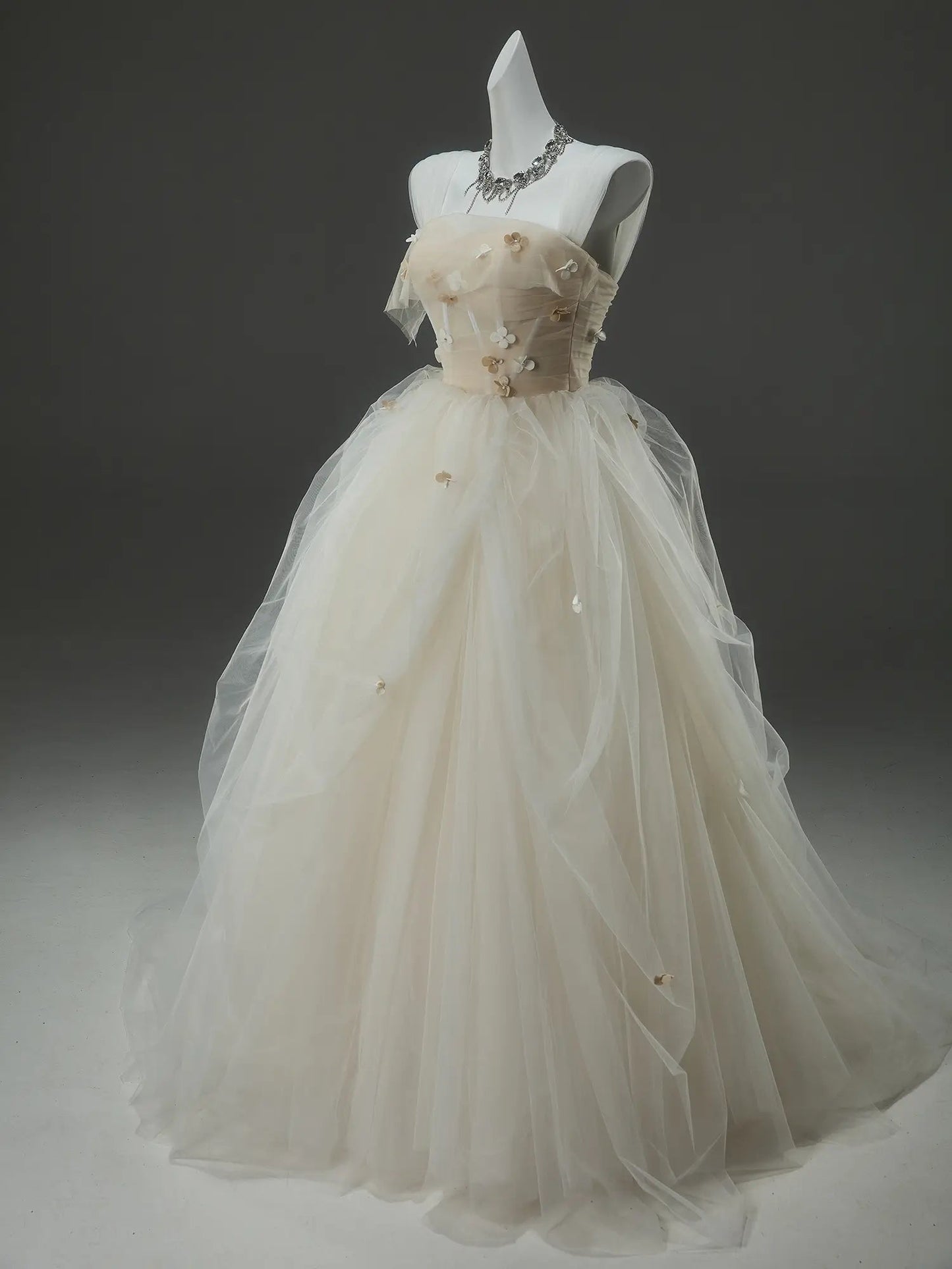Champagne Tulle Formal Dresses with 3D Flower, Sheer Boned Bodice & Corset Back - CQ0145-Couture Gown 2025 -Viniodress-Champagne-Custom Size-
