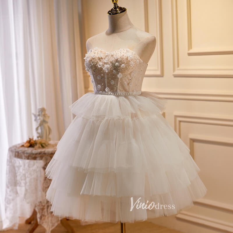 Champagne Tulle Homecoming Dresses Strapless Short Prom Dress SD1582-prom dresses 2025 -Viniodress-Champagne-Custom Size-