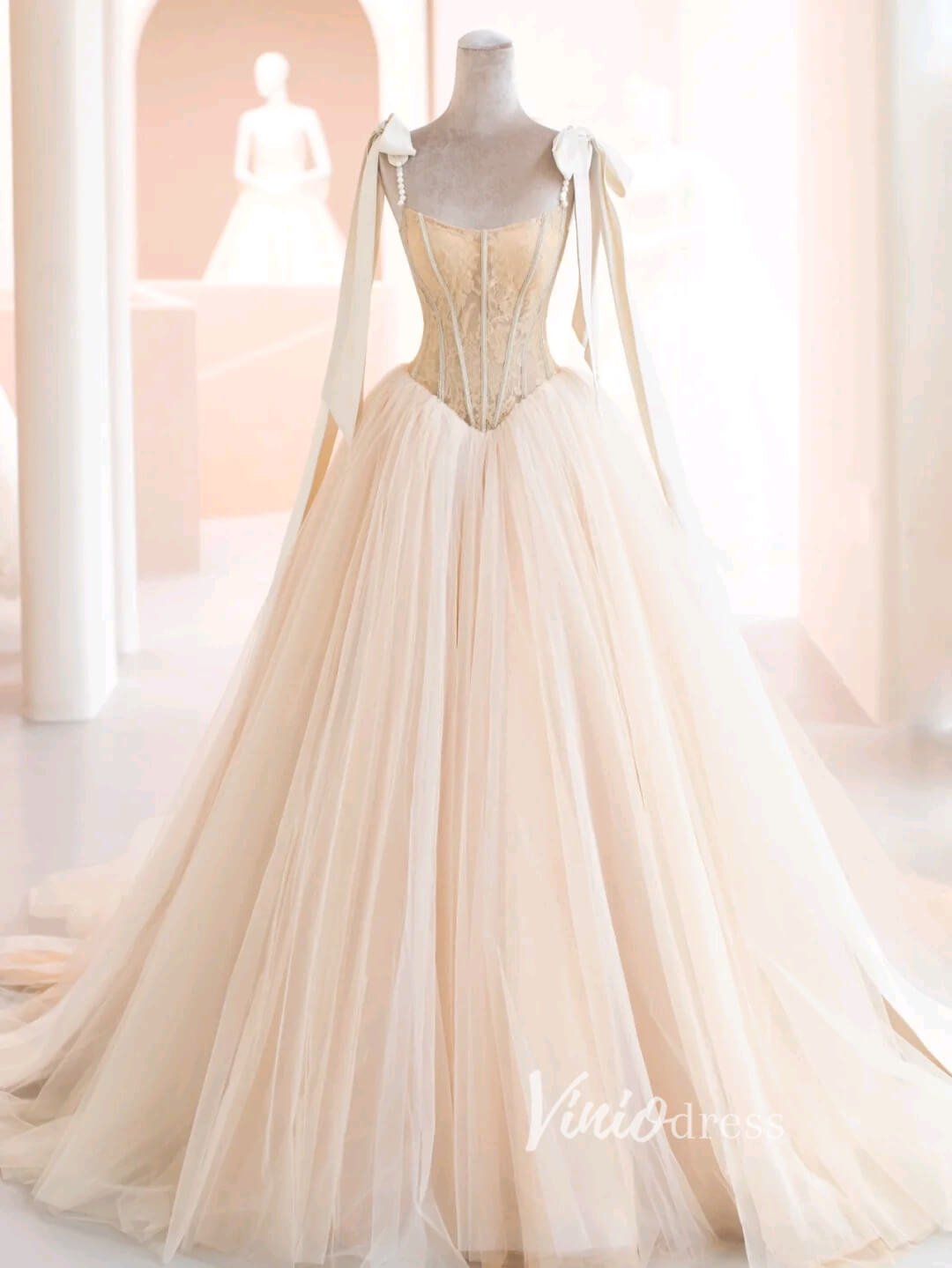 Champagne Tulle Prom Dresses Spaghetti Strap Formal Gown FD3432-prom dresses 2025 -Viniodress-Champagne-Custom Size-