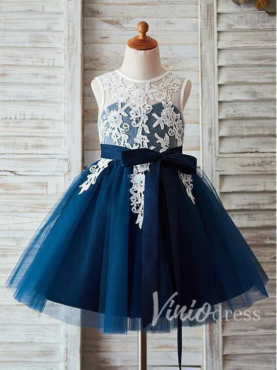 Cheap Navy Blue Flower Girl Dresses Tea Length GL1011-flower girl dresses-Viniodress-Navy Blue-Custom Size-Viniodress