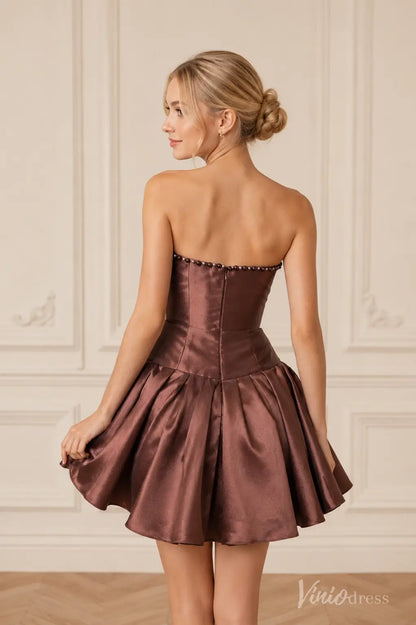 Back view of S26141 brown strapless satin mini dress with beaded trim and flared skirt