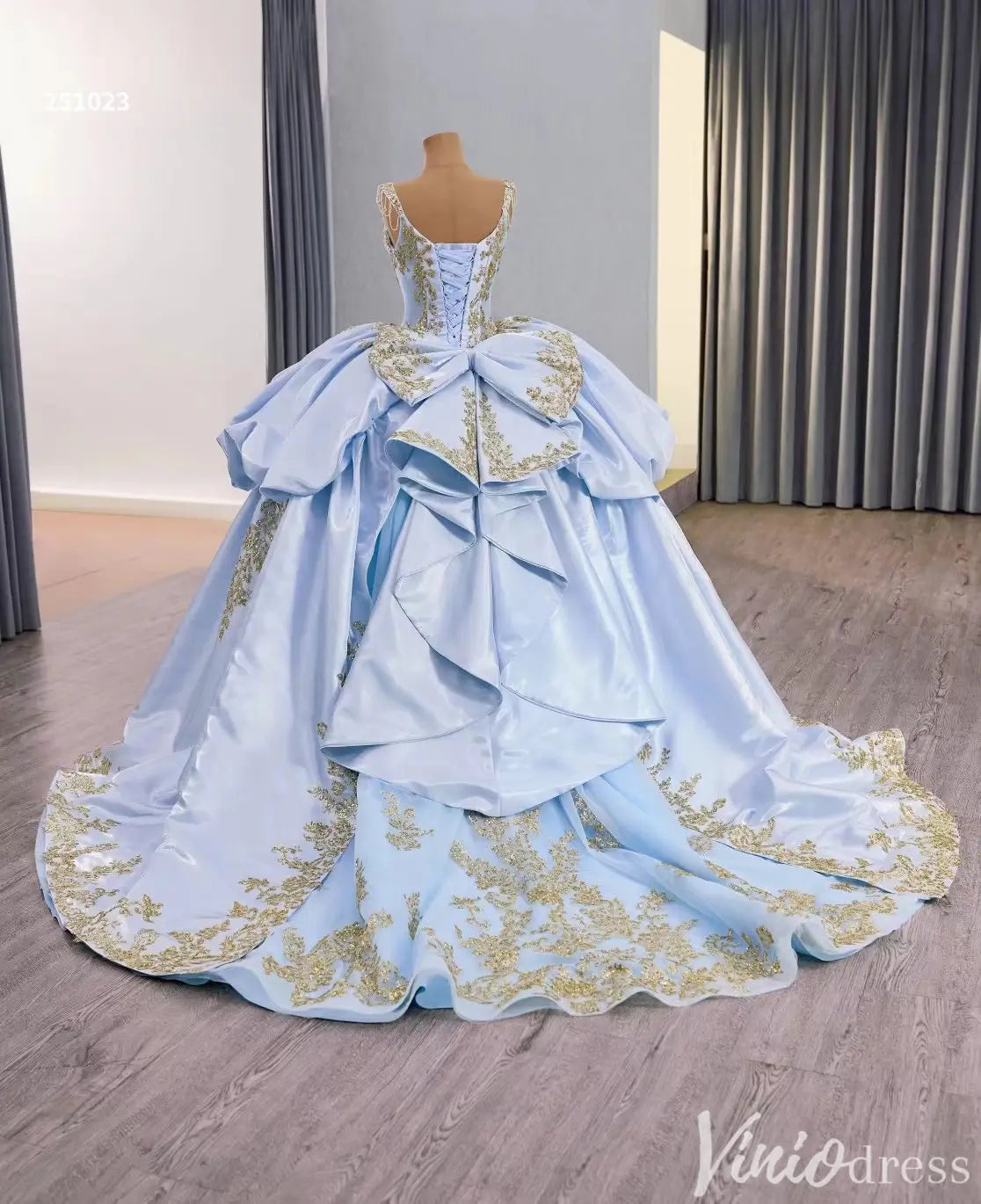 Blue and Gold Quinceañera Dress with Overskirt – Style 251023 – Viniodress