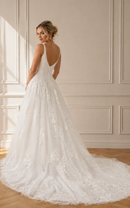 White A-line wedding dress with a V-neck, lace floral embroidery, and a button-back closure with a flowing train.