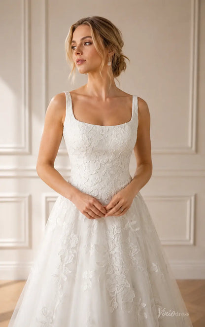 White A-line wedding dress featuring a square neckline and intricate floral lace embroidery on tulle fabric.