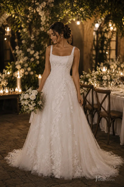 White A-line wedding dress featuring a square neckline, intricate lace bodice, and a flowing tulle skirt with a train.