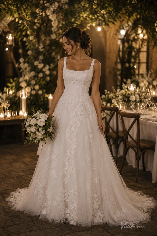 White A-line wedding dress featuring a square neckline, intricate lace bodice, and a flowing tulle skirt with a train.