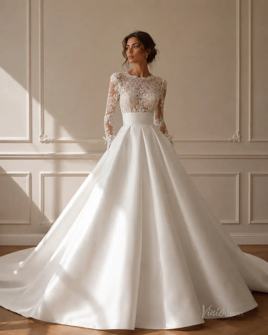 MS189 white satin ballgown wedding dress with long-sleeved floral lace bodice and a full, pleated floor-length skirt.