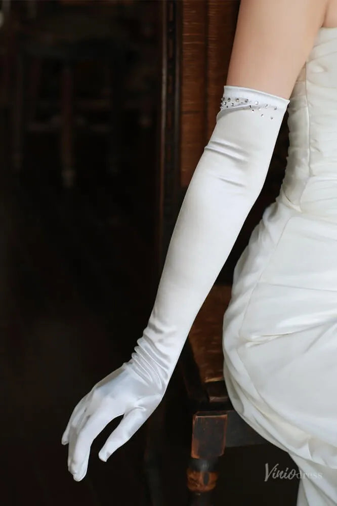 Classic Opera Satin Bridal Gloves with Crystals WG177-Bridal Gloves 2026-Viniodress-Ivory-
