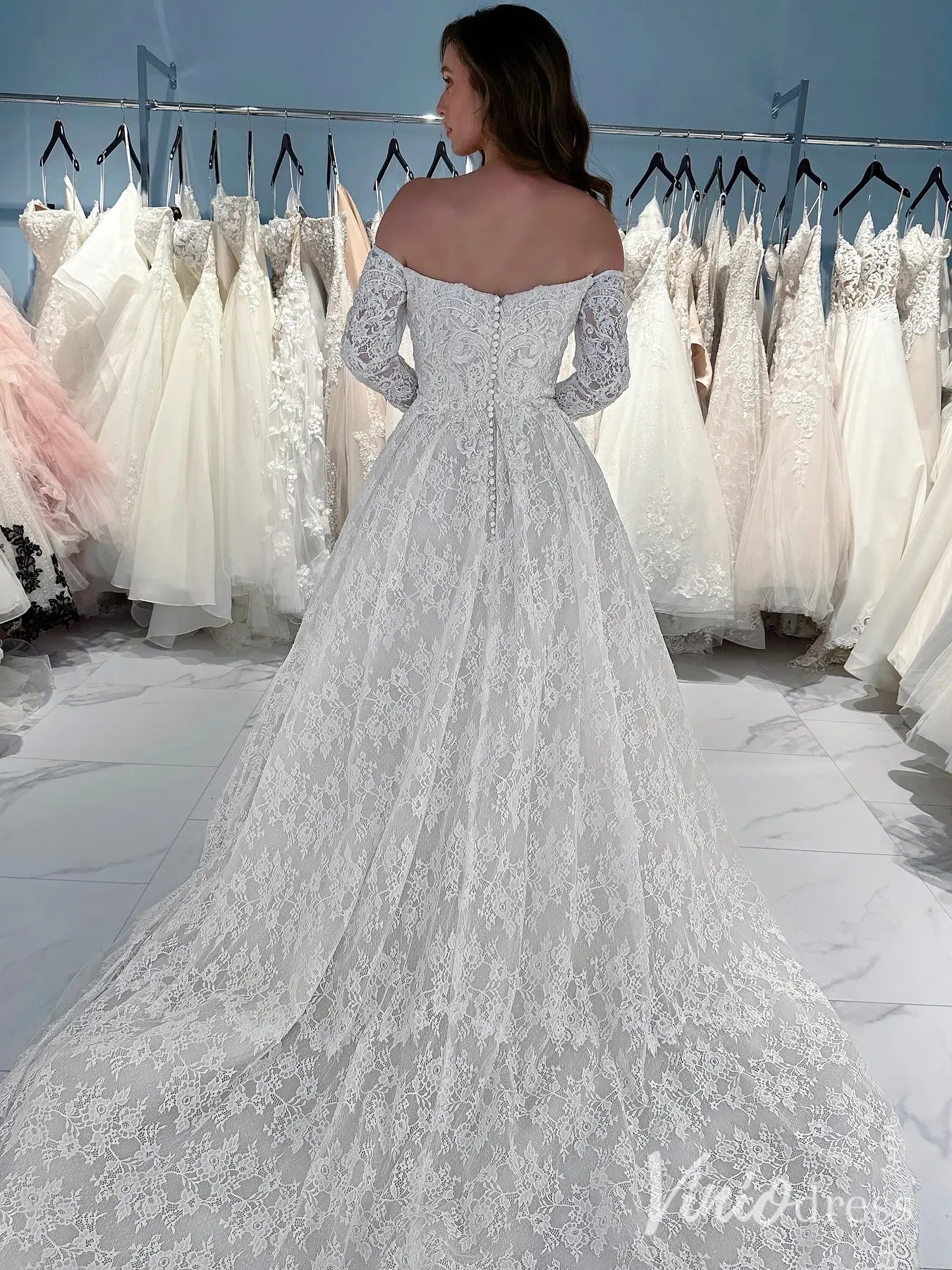 Classy Off-Shoulder Lace Wedding Dress with Long Sleeves – LC101 – Viniodress