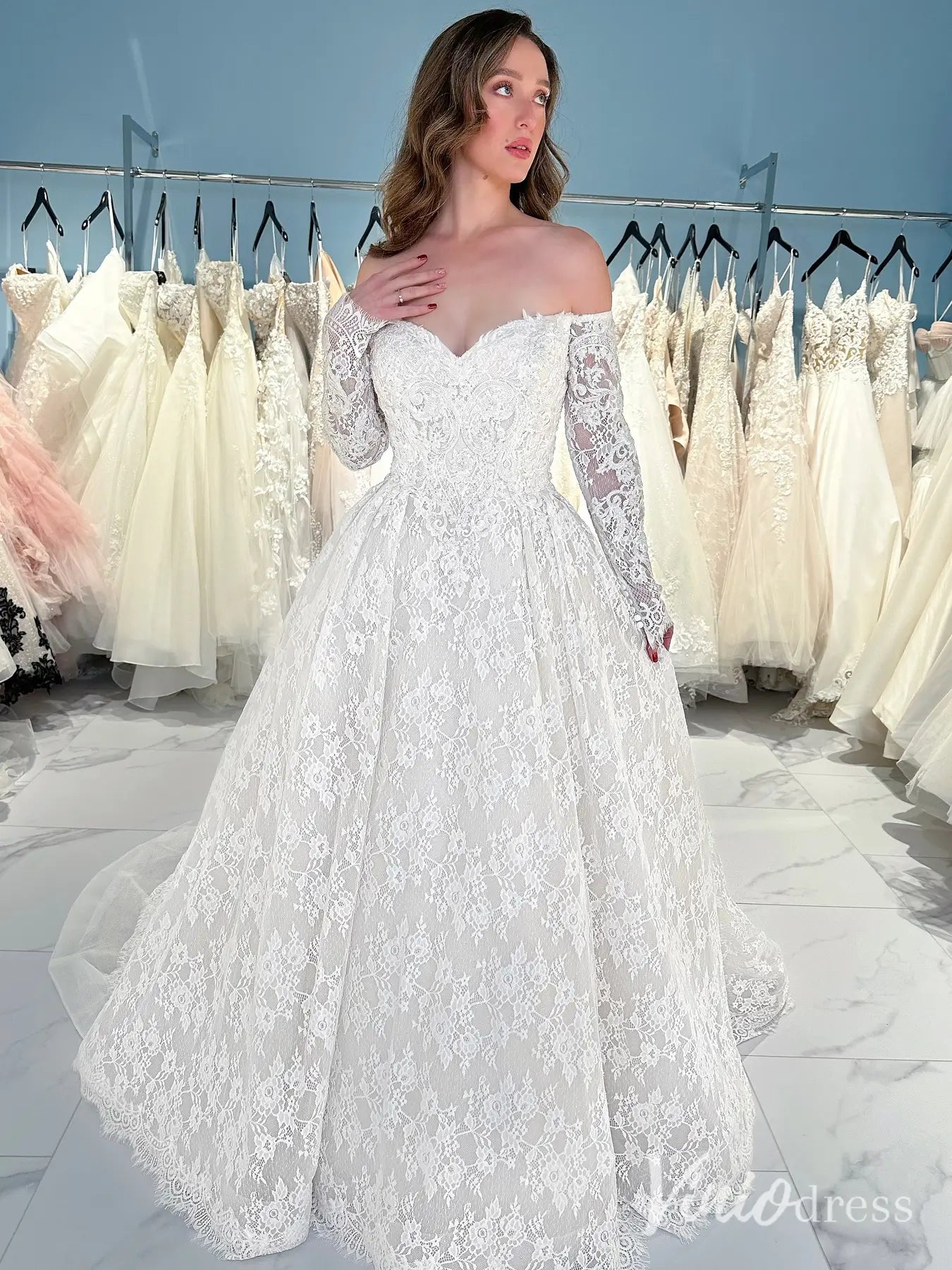 Classy Off-Shoulder Lace Wedding Dress with Long Sleeves – LC101 – Viniodress