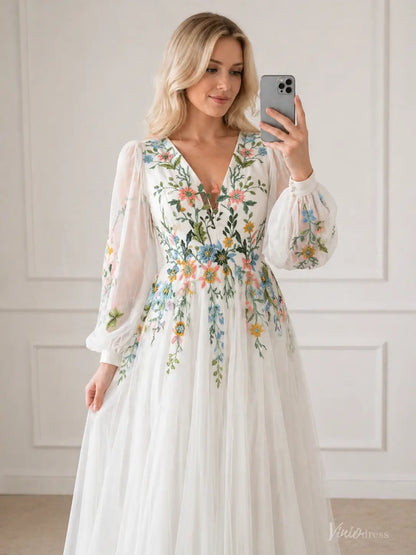 Colored Botanical Wedding Dress | Boho V-Neck Floral Embroidered Gown with Long Bishop Sleeves FW213-wedding dresses 2026-Viniodress-Ivory-Custom Size – Add Measurements in Cart-