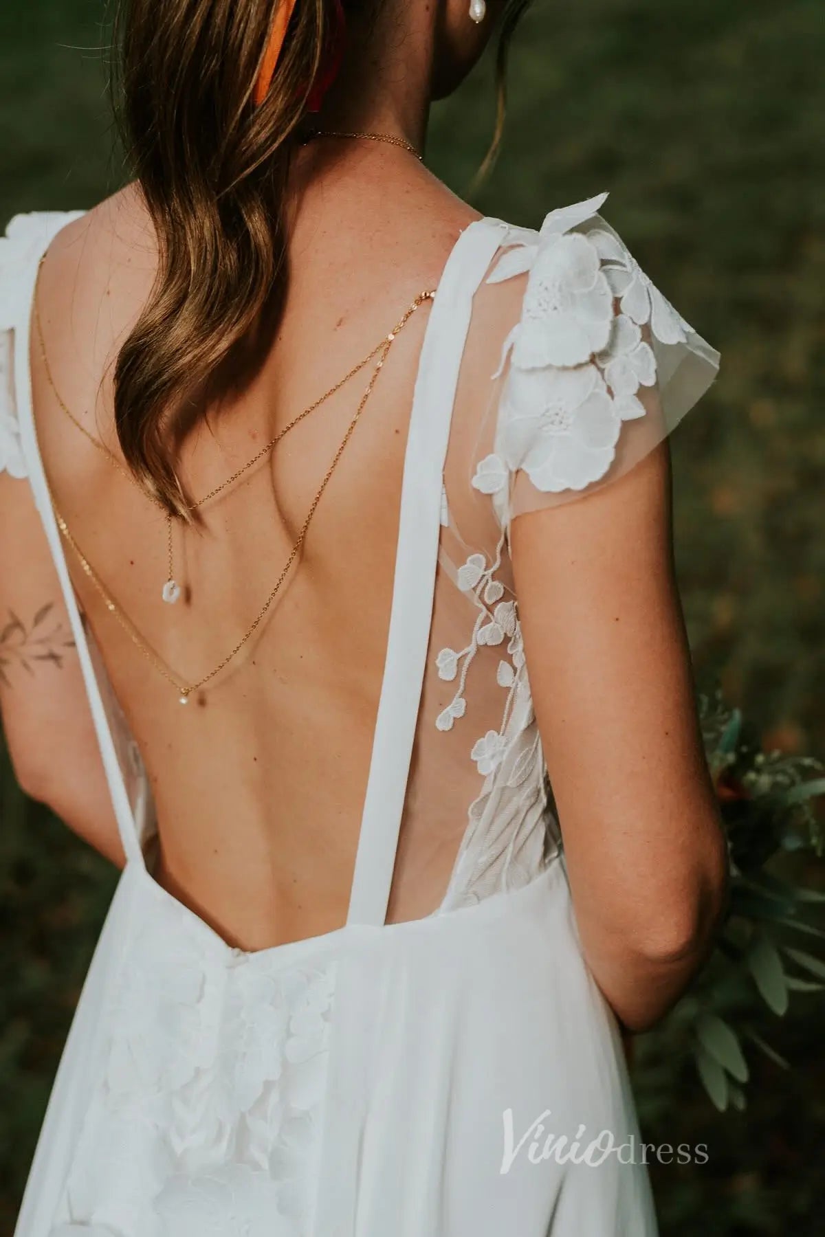 Colorful Floral Boho Wedding Dresses | Backless A-Line Chiffon Gown with Cap Sleeves FW112-wedding dresses 2025 -Viniodress-Floral-Custom Size-