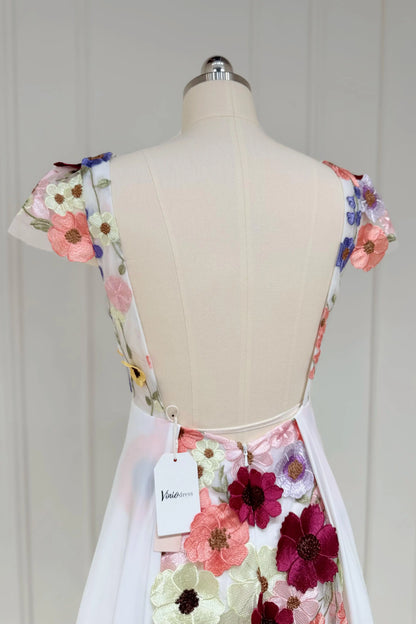 Colorful Floral Boho Wedding Dresses | Backless A-Line Chiffon Gown with Cap Sleeves FW112-wedding dresses 2025 -Viniodress-Floral-Custom Size-