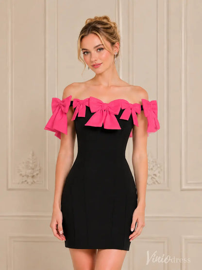 Black off-shoulder mini dress with vibrant pink bow details on the neckline and sleeves.