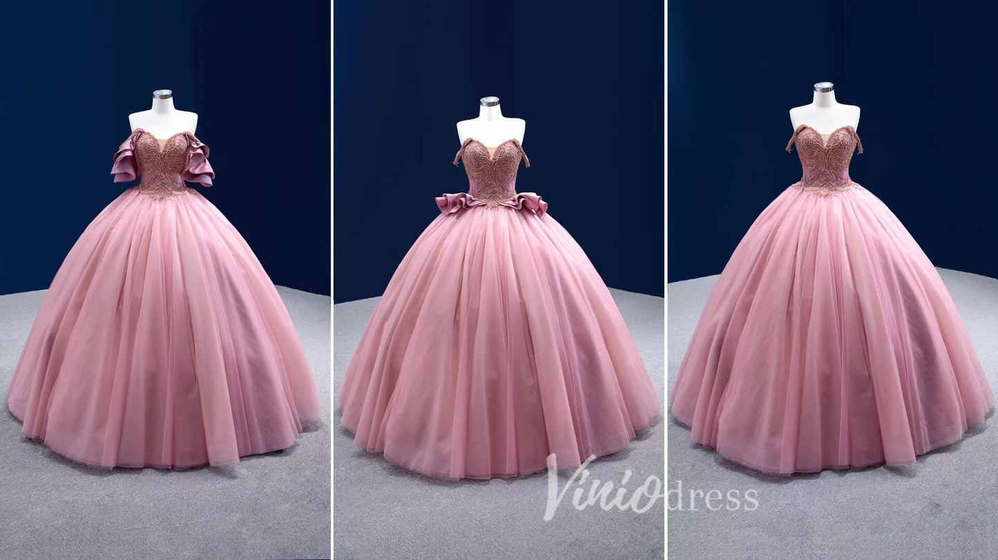 Convertible Pink Sweet 16 Dress Cinderella Ball Gown Debut Dresses 222162-Quinceanera Dresses 2025 -Viniodress-Pink-Custom Size-