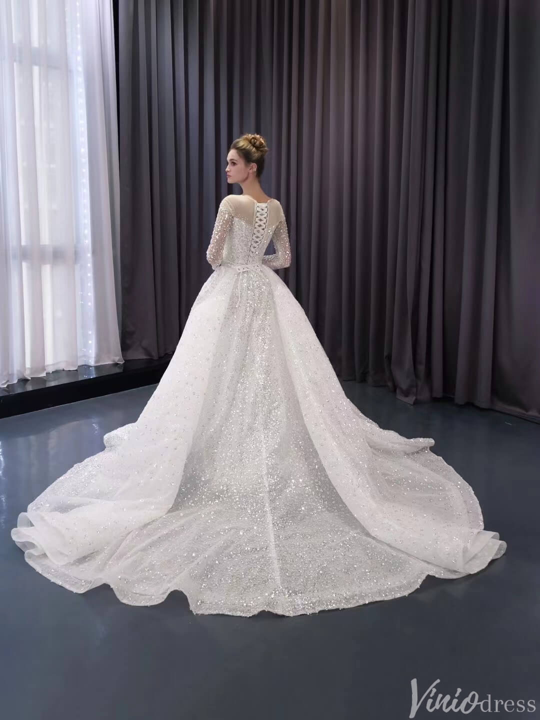 Convertible Two Piece Balll Gown Wedding Dresses with Long Sleeves 241079-wedding dresses 2025 -Viniodress-Ivory-Custom Size-