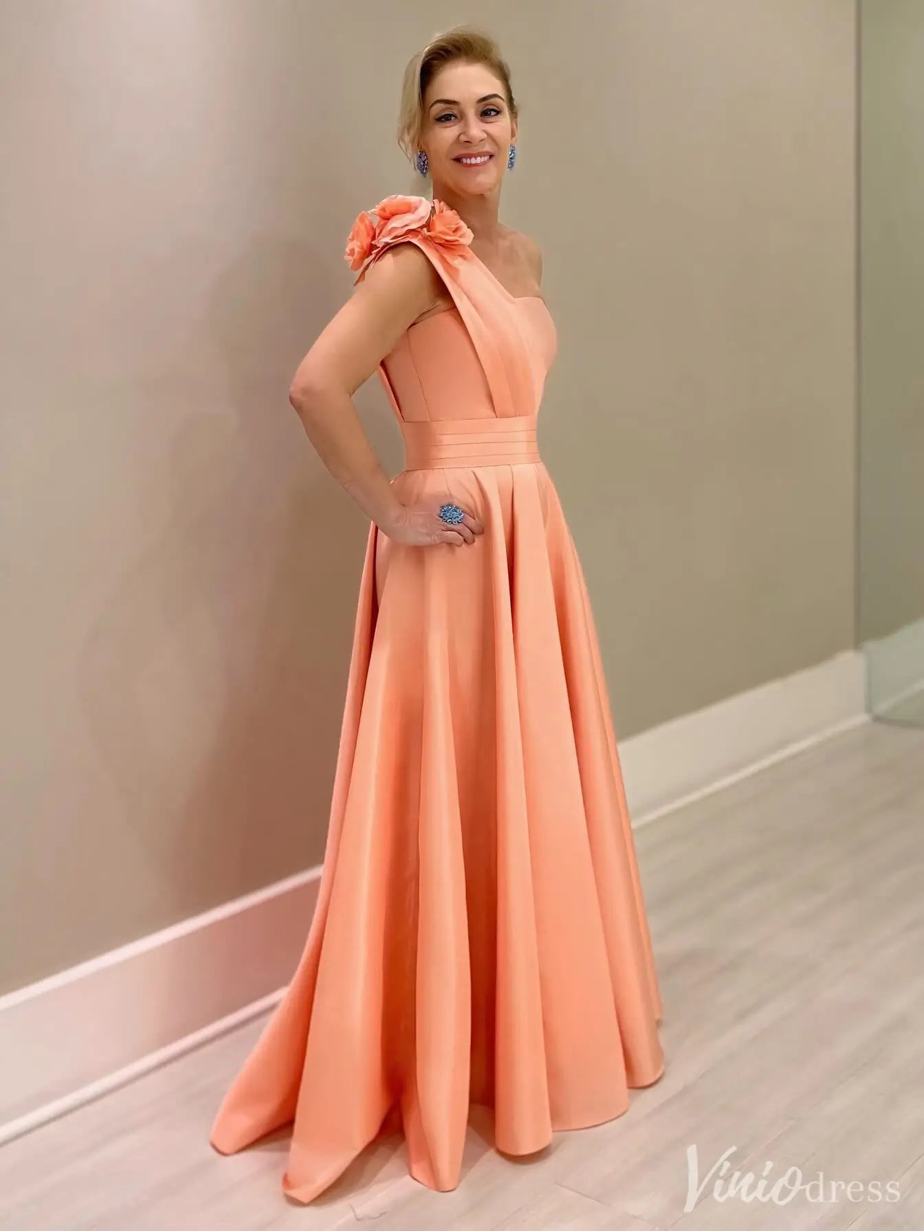 Coral One-Shoulder Satin Formal Dress with Floral Shoulder Elegant Prom Gowns | IS007-prom dresses 2025 -Viniodress-Coral-Custom Size-