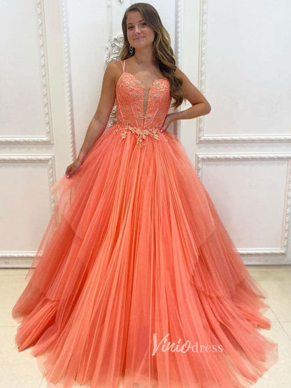Coral Orange Lace Applique Prom Dresses Spaghetti Strap Evening Dress – Viniodress