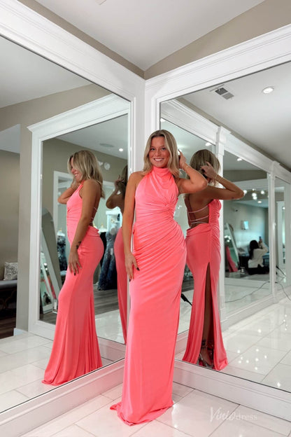 Coral Pink Satin Mermaid Prom Dress with Halter Neck, Ruched Bodice & High Slit – SS141