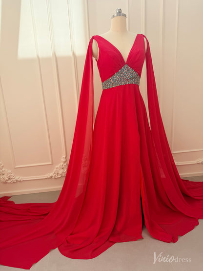 Crimson red chiffon A-line gown with V-neckline, dramatic cape sleeves, and a beaded waistline on a mannequin.