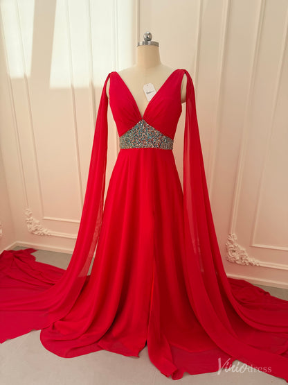 Crimson red chiffon A-line gown with V-neckline, dramatic cape sleeves, and a beaded waist on a mannequin.