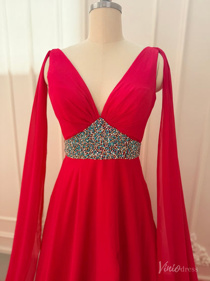 Crimson red chiffon pageant gown with V-neckline, dramatic cape sleeves, and a multi-colored beaded waistline.