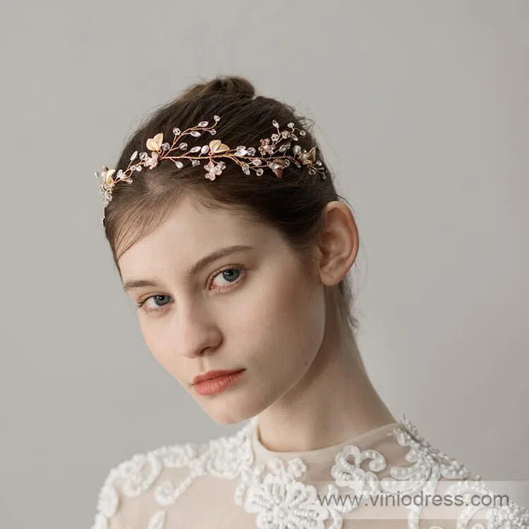 Crystal Gold Leaf Wedding Headband Viniodress ACC1120-Headpieces-Viniodress-Gold-Viniodress