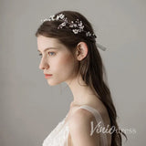 Crystal and Pearl Sprig Silver Bridal Headbands with Leaves ACC1118-Headpieces-Viniodress-Silver-Viniodress