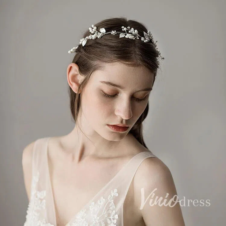 Crystal and Pearl Sprig Silver Bridal Headbands with Leaves ACC1118-Headpieces-Viniodress-Silver-Viniodress