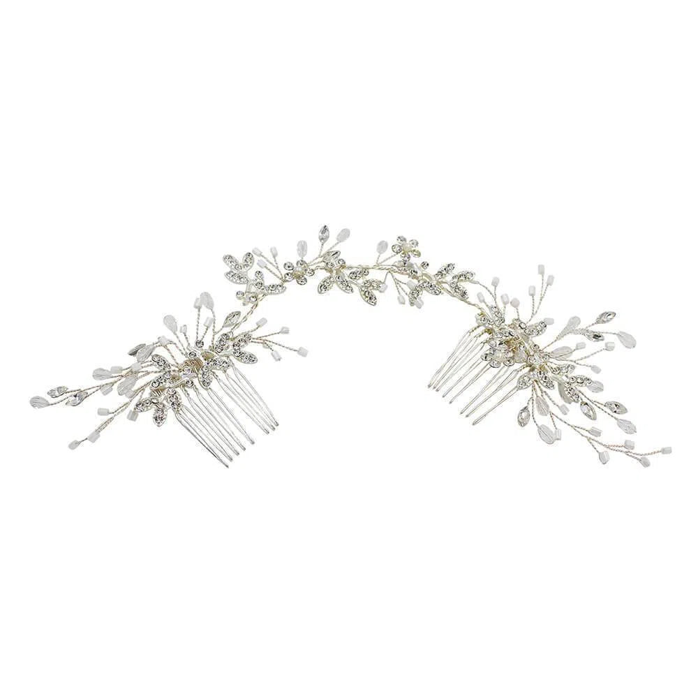 Crystal and Pearl Sprig Silver Headband with Combs ACC1139-Headpieces-Viniodress-Silver-Viniodress