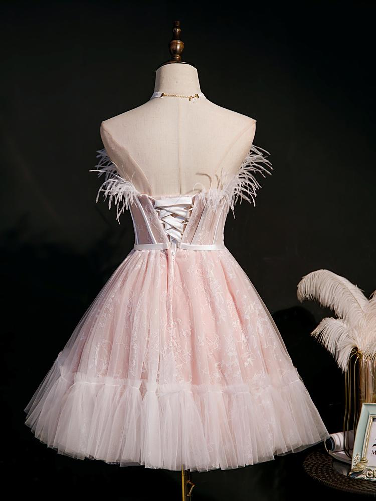 Cute Pink Feather Lace Homecoming Dresses Strapless SD1341-Homecoming Dresses 2025 -VINIODRESS-US2-Pink-