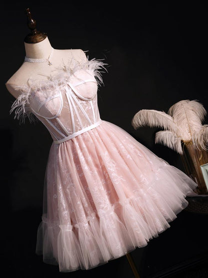 Cute Pink Feather Lace Homecoming Dresses Strapless SD1341-Homecoming Dresses 2025 -VINIODRESS-US2-Pink-