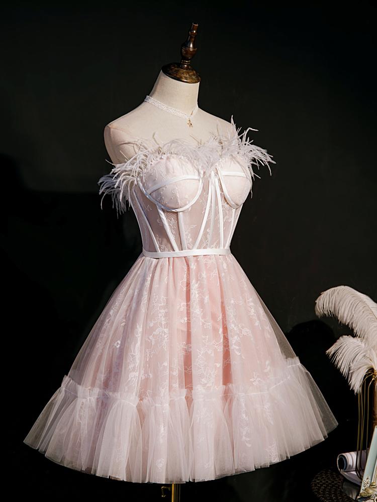 Cute Pink Feather Lace Homecoming Dresses Strapless SD1341-Homecoming Dresses 2025 -VINIODRESS-US2-Pink-