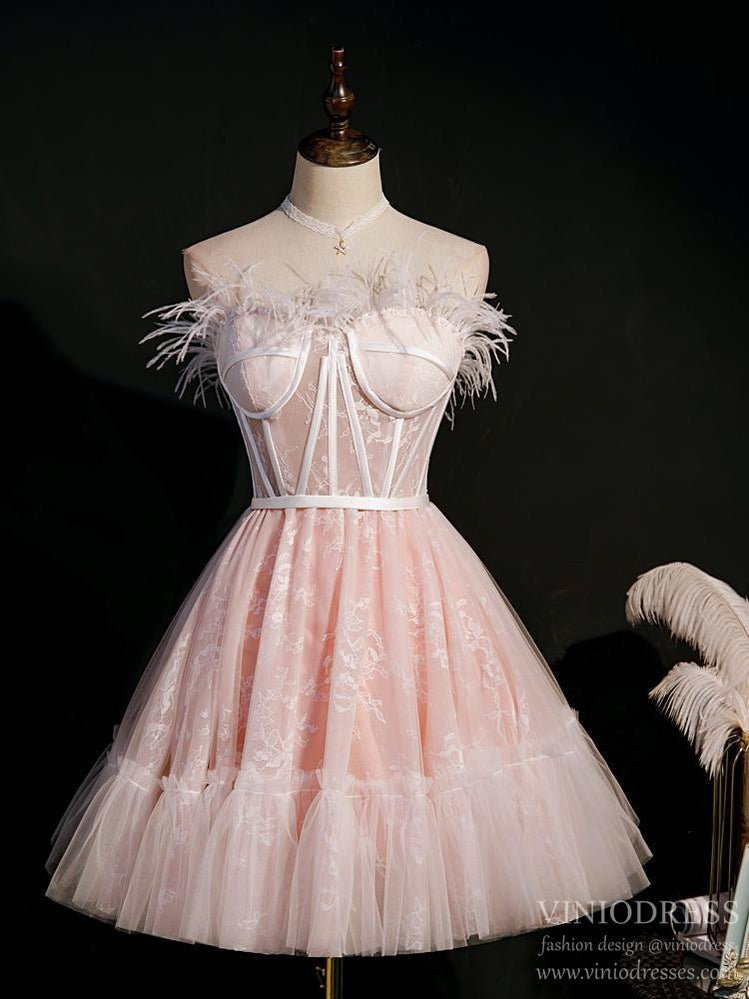 Cute Pink Feather Lace Homecoming Dresses Strapless SD1341-Homecoming Dresses 2025 -VINIODRESS-US2-Pink-
