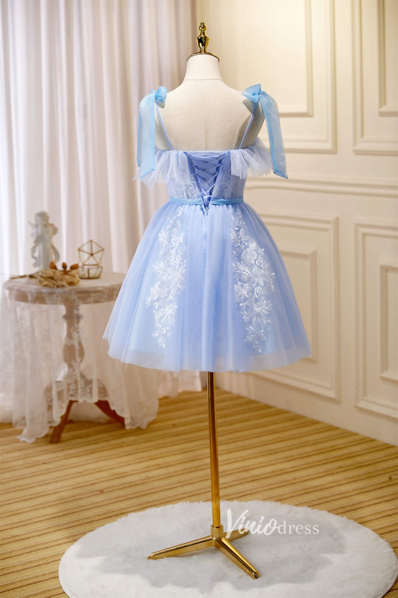 Cute Tulle Hoco Dresses Light Blue Spaghetti Strap Graduation Dresses – Viniodress