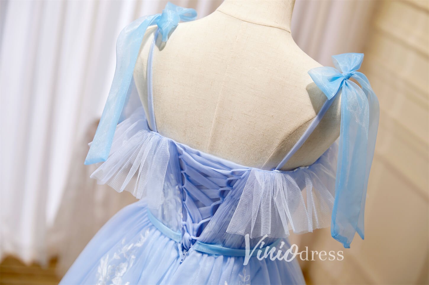Cute Tulle Hoco Dresses Light Blue Spaghetti Strap Graduation Dresses – Viniodress